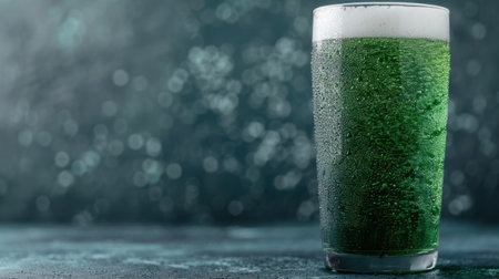 green beer in glass with bokeh backgroundの素材