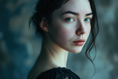 Pensive young woman with dark hair and blue eyesの素材