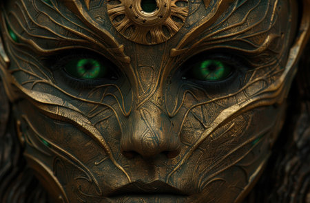 Mysterious golden face with glowing green eyesの素材