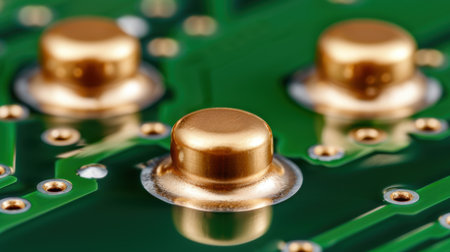 golden electronic components on green circuit boardの素材