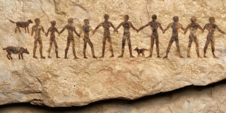 ancient rock art depicting human figures and animalsの素材