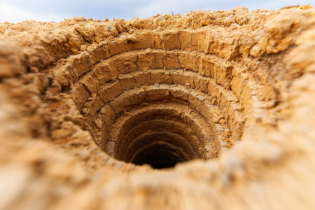 Close-up view of a sandy, textured surface with an arched openingの素材