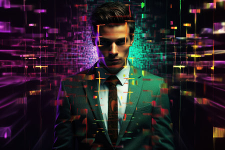 Futuristic businessman in neon cityの素材