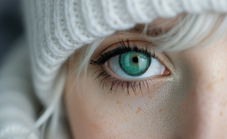 Closeup of a woman's eye with long eyelashes and vibrant green irisの素材