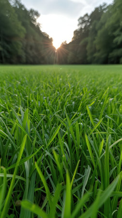 Scenic sunset view through lush green meadowの素材
