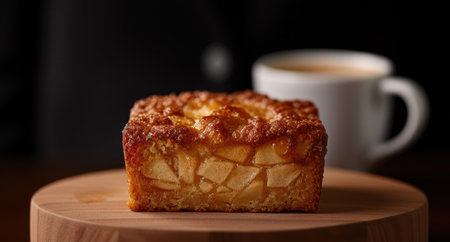 Delicious homemade apple crumble cake on wooden boardの素材