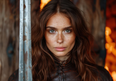 Pensive woman with freckles and dark hairの素材