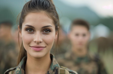 Portrait of a smiling woman in military uniformの素材