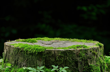 Moss-covered tree stump in lush forestの素材