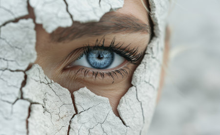 Dramatic eye peeking through cracked surfaceの素材