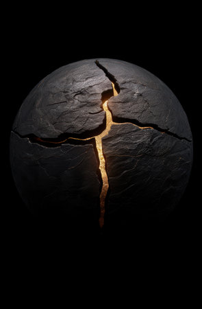 Cracked stone sphere with glowing gold cracksの素材