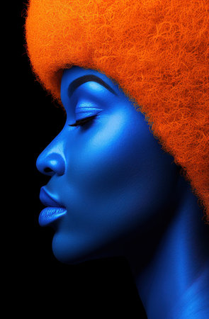 Artistic portrait of a person with vibrant blue skin and an orange afro hairstyleの素材