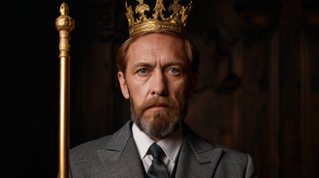 serious man in suit and crown holding scepterの素材