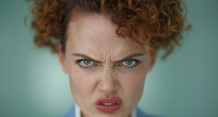 Angry woman with curly hair and furrowed browの素材