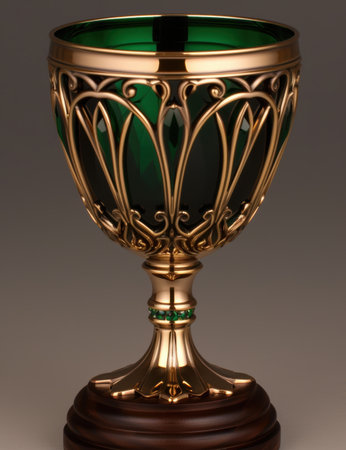 Ornate golden trophy with green glass insertの素材