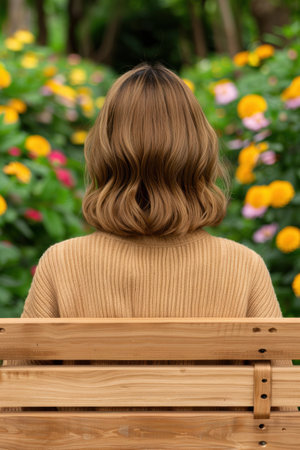 woman with wavy hair in a gardenの素材