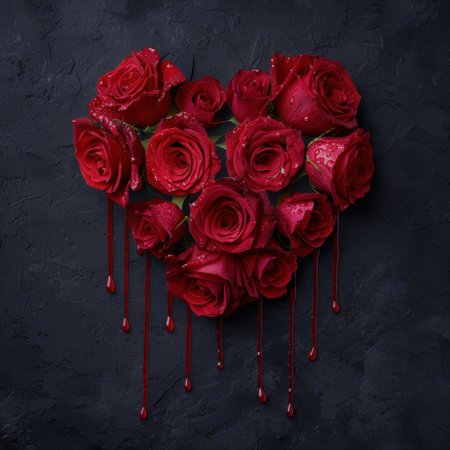 Dramatic red rose heart with dripping bloodの素材