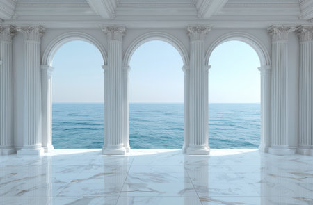 Serene ocean view through classical columnsの素材