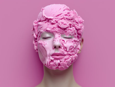 surreal portrait of a face covered in pink ice creamの素材