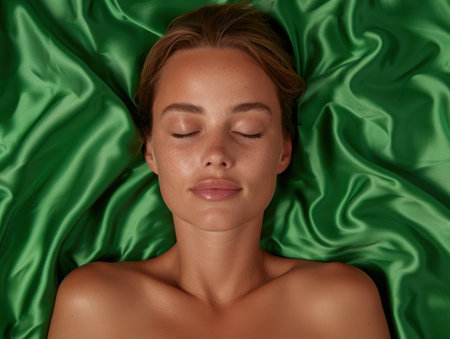 Serene woman with closed eyes on green silkの素材