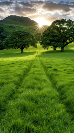 Serene countryside landscape with rolling hills and lush green treesの素材