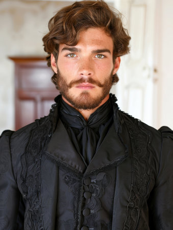 Handsome man with curly hair and beard wearing a dark coatの素材