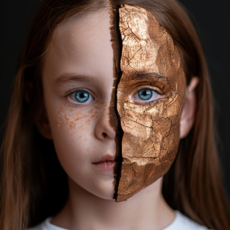 Cracked face of a young girl with blue eyesの素材