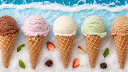 Assorted colorful ice cream scoops in waffle cones on snowy backgroundの素材