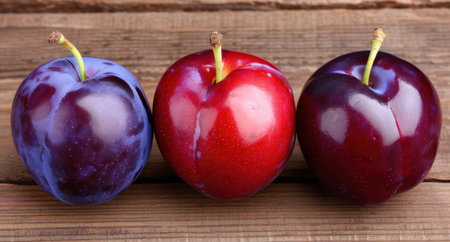Assortment of fresh ripe plums and apple on wooden backgroundの素材