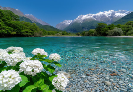 Serene mountain lake with crystal clear waters and lush greeneryの素材