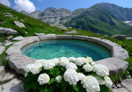 Scenic mountain pool with white flowersの素材