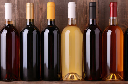 Assortment of wine bottles on wooden backgroundの素材