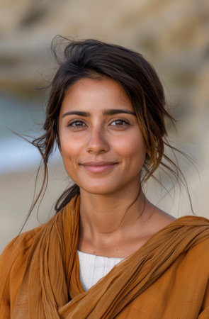 Smiling woman with windblown hairの素材