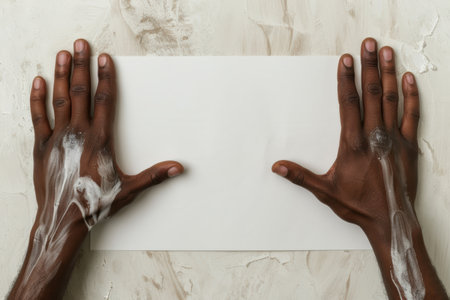 hands holding blank white card on marble backgroundの素材