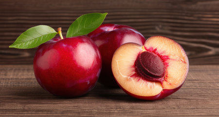 Fresh red apples and peach on wooden backgroundの素材