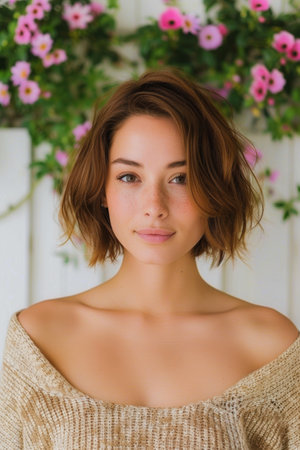beautiful young woman with natural makeup and wavy hairの素材