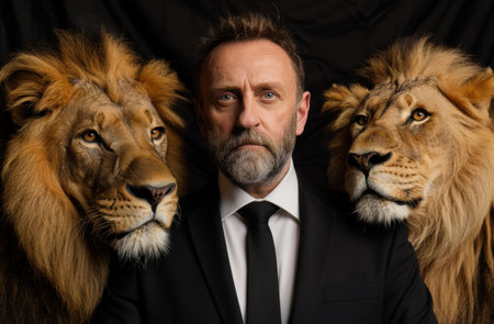 powerful businessman with lionsの素材