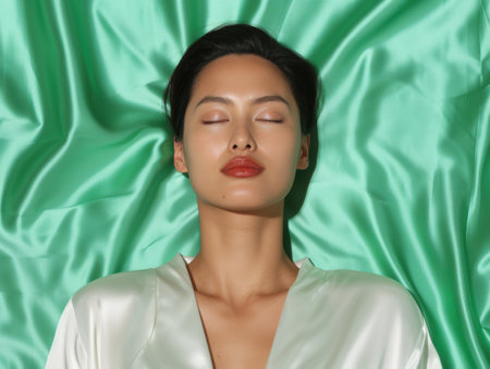 elegant asian woman with red lips and closed eyesの素材