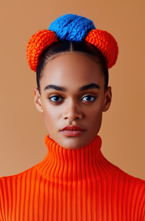 Vibrant fashion portrait with colorful knitted accessoriesの素材