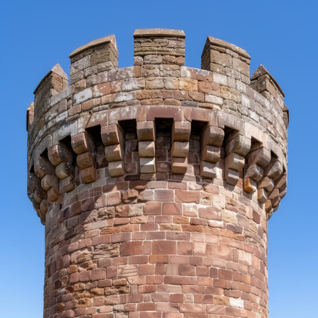 ancient stone tower against blue skyの素材