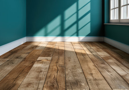 Cozy wooden floor in modern room with green wallsの素材