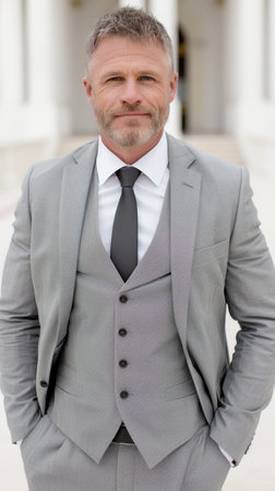 Confident businessman in gray suit and tieの素材