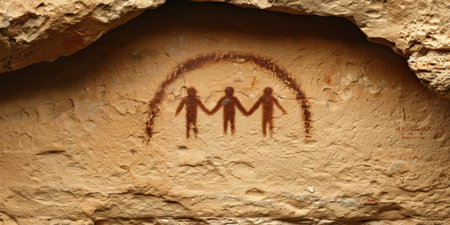 ancient cave painting depicting human figures holding handsの素材