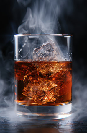 Smoky whiskey glass with ice cubesの素材