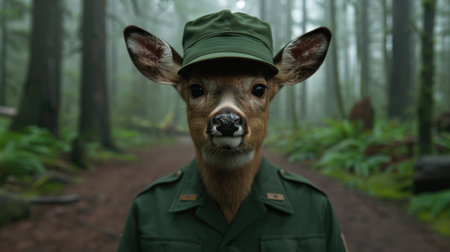 deer wearing a forest ranger hat in a lush green forestの素材