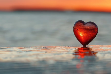 Romantic heart-shaped object reflecting in the water during sunsetの素材
