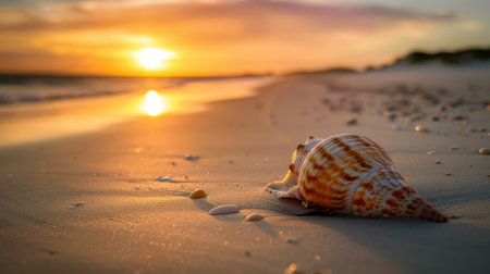 Sunset over the beach with seashellの素材