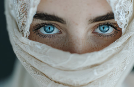 Piercing blue eyes peering through a white veilの素材