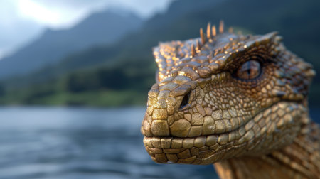 Close-up of a golden lizard with intricate scalesの素材