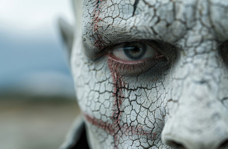 close-up of a cracked and weathered human faceの素材
